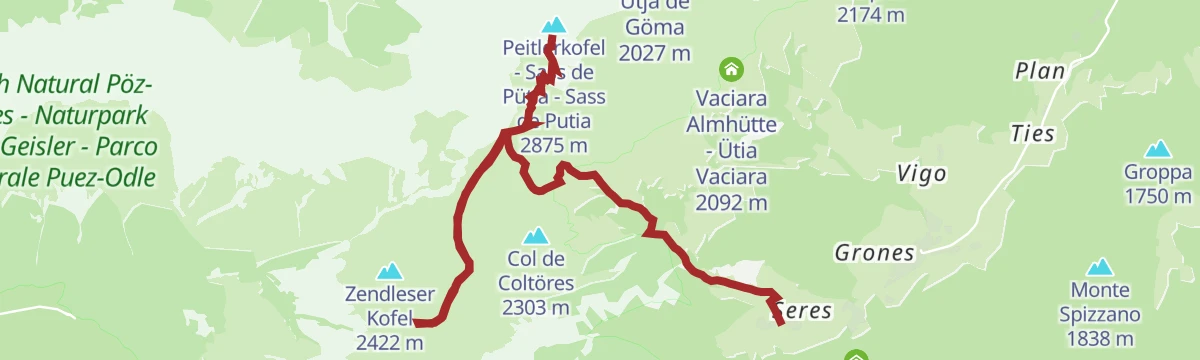 Route map: Lungiarü - Val di Murins - Genova Inn – Pütia